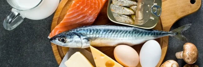 AdobeStock_382448032 A spread of fish, mushrooms, eggs and dairy products - key sources of vitamin D.