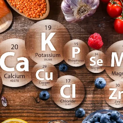 AdobeStock_642438040 (1) A selection of foods comprising a healthy, balanced, diet, surrounding the chemical symbols for various essential dietary minerals
