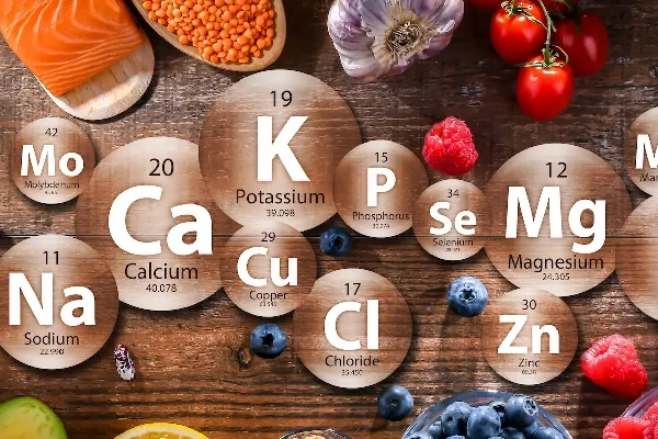 AdobeStock_642438040 (1) A selection of foods comprising a healthy, balanced, diet, surrounding the chemical symbols for various essential dietary minerals