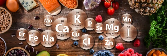 AdobeStock_642438040 (1) A selection of foods comprising a healthy, balanced, diet, surrounding the chemical symbols for various essential dietary minerals