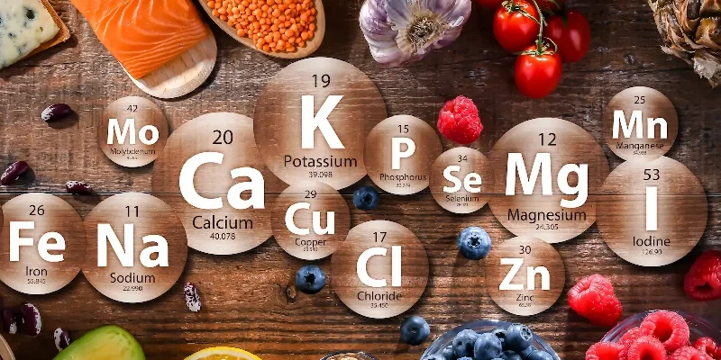 A selection of foods comprising a healthy, balanced, diet, surrounding the chemical symbols for various essential dietary minerals