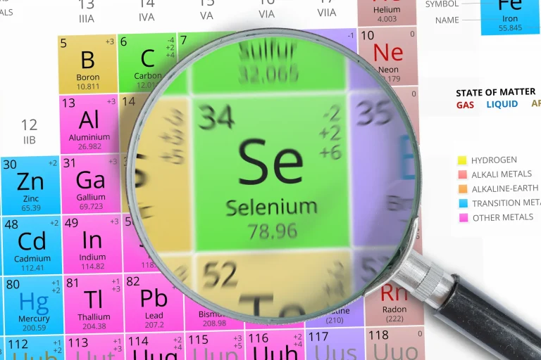 How Much Selenium Do You Need Per Day A magnifying glass hovers over selenium on a close-up of the periodic table.