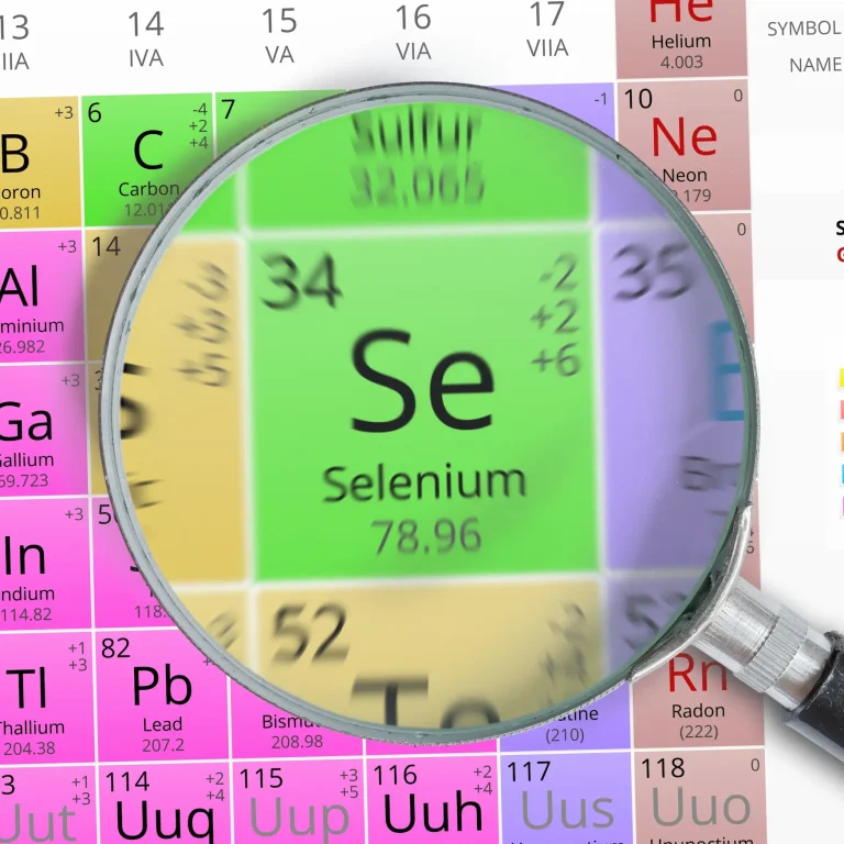 How Much Selenium Do You Need Per Day A magnifying glass hovers over selenium on a close-up of the periodic table.