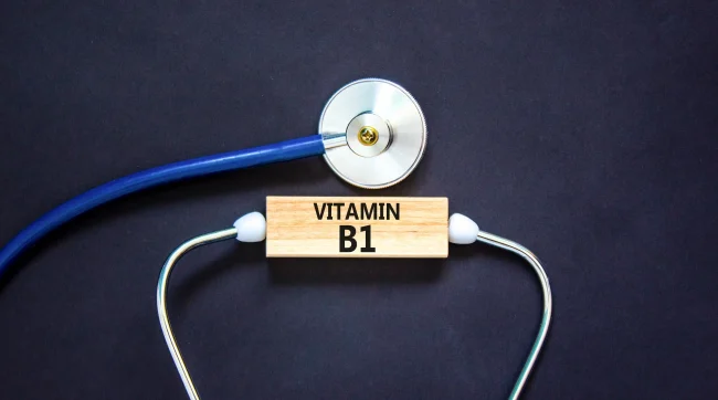 What does vitamin B1 do A wooden block reading ‘vitamin B1’ is surrounded by a stethoscope, indicating the nutrient’s role in supporting heart health.