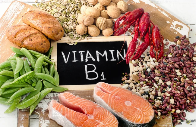 A selection of healthy foods including sources of thiamin, surrounding a chalkboard that reads ‘vitamin B1’.