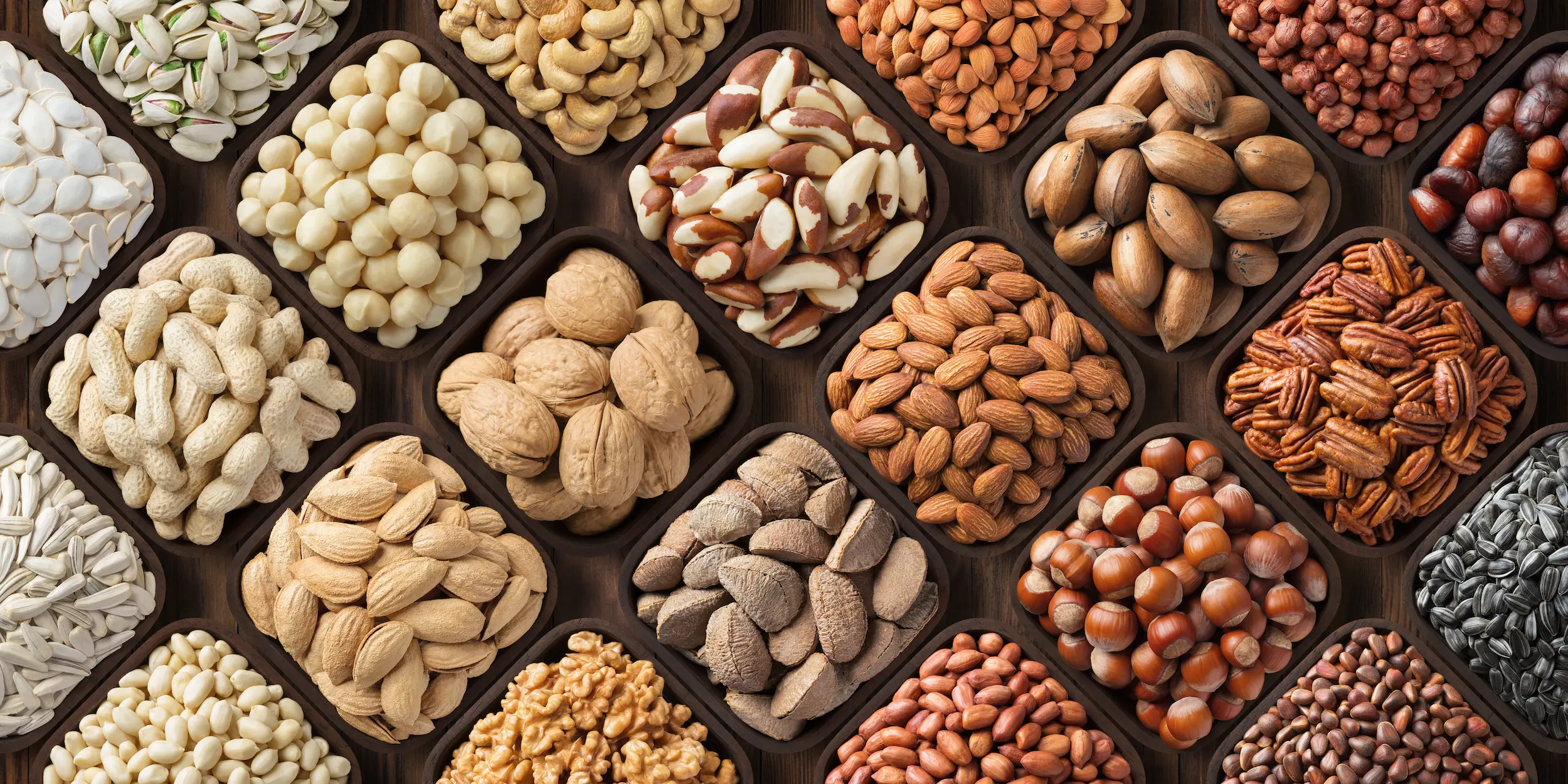 An assortment of nut varieties neatly arranged in rows of square bowls.