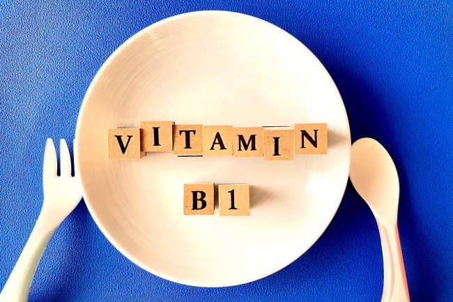 The words ‘Vitamin B1’ spelled on wooden cubes on a dinner plate with cutlery beside it.