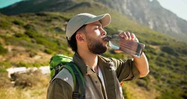 A man takes a break during a mountain hike to drink water from a clear bottle.