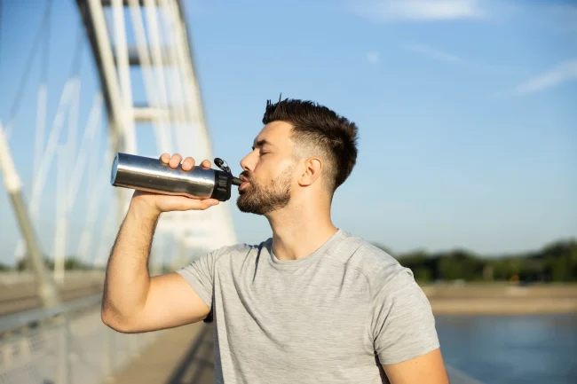 A young man drinks from a metal water bottle while out and about in summer. A young man drinks from a metal water bottle while out and about in summer.
