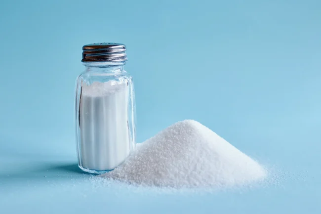 A salt shaker next to a small mound of salt granules against a light blue background. A salt shaker next to a small mound of salt granules against a light blue background.