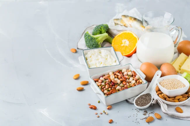 A selection of healthy foods, some of which are high in calcium. A selection of healthy foods, some of which are high in calcium.